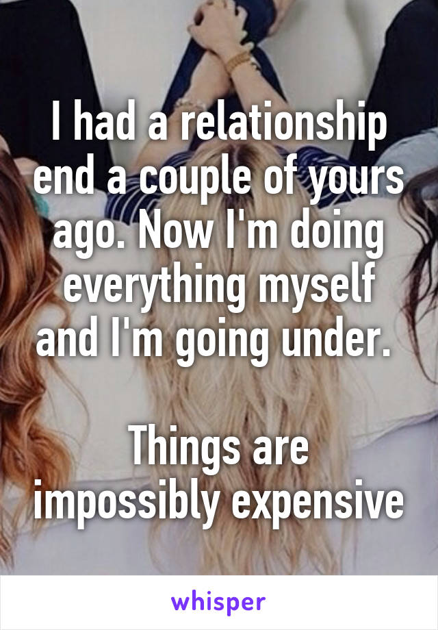 I had a relationship end a couple of yours ago. Now I'm doing everything myself and I'm going under. 

Things are impossibly expensive
