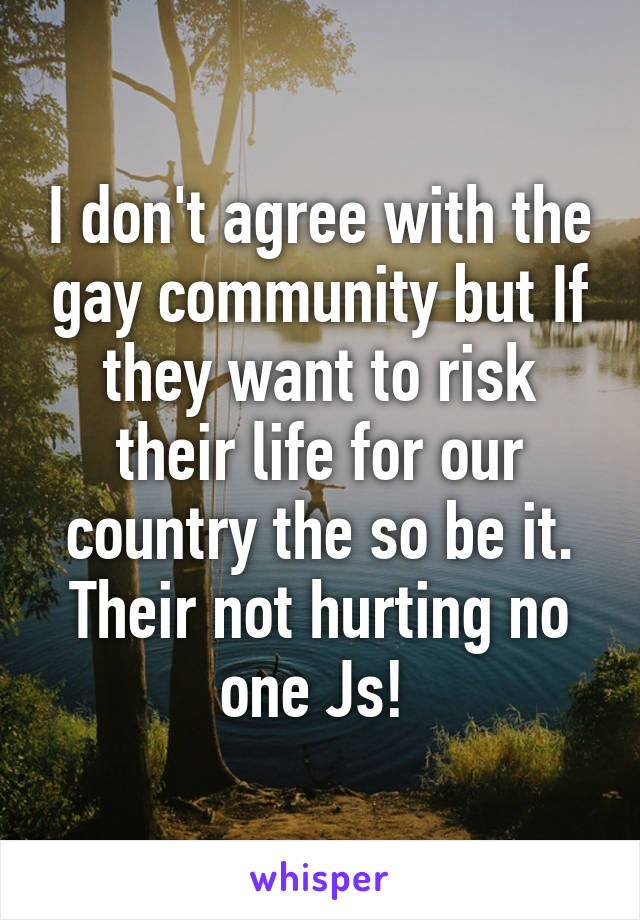 I don't agree with the gay community but If they want to risk their life for our country the so be it. Their not hurting no one Js! 