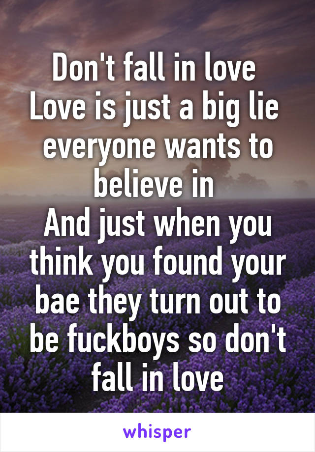Don't fall in love 
Love is just a big lie 
everyone wants to believe in 
And just when you think you found your bae they turn out to be fuckboys so don't fall in love