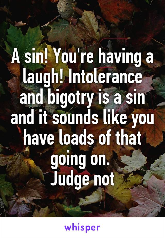 A sin! You're having a laugh! Intolerance and bigotry is a sin and it sounds like you have loads of that going on. 
Judge not