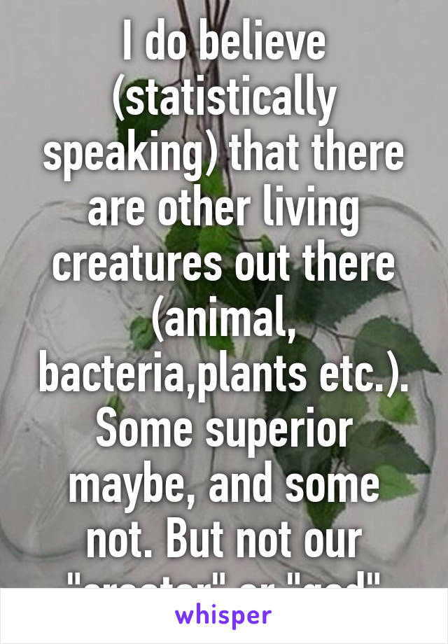 I do believe (statistically speaking) that there are other living creatures out there (animal, bacteria,plants etc.). Some superior maybe, and some not. But not our "creator" or "god"