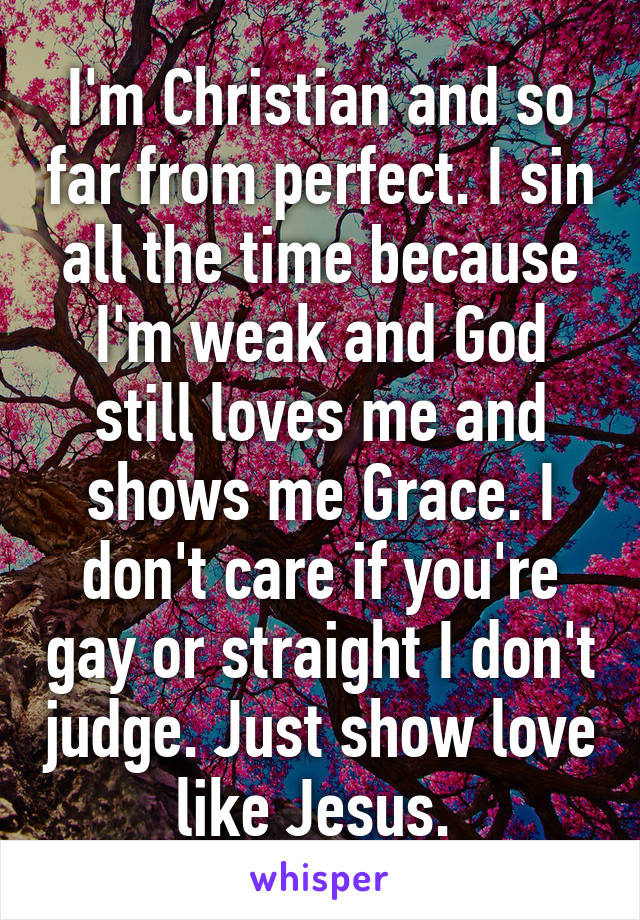 I'm Christian and so far from perfect. I sin all the time because I'm weak and God still loves me and shows me Grace. I don't care if you're gay or straight I don't judge. Just show love like Jesus. 