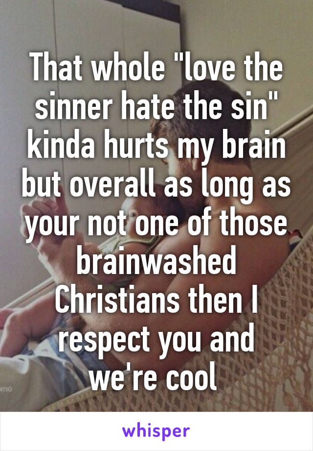 That whole "love the sinner hate the sin" kinda hurts my brain but overall as long as your not one of those brainwashed Christians then I respect you and we're cool 