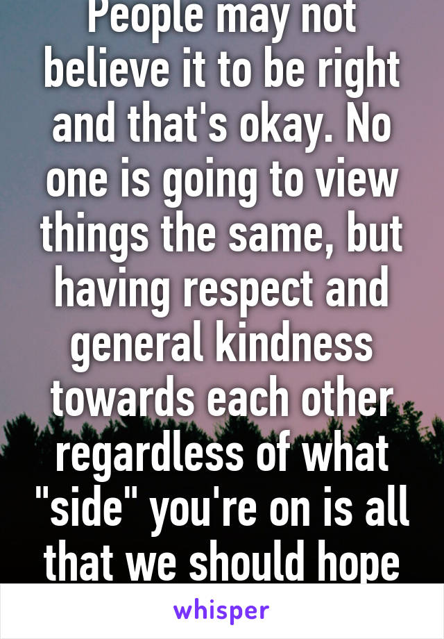 People may not believe it to be right and that's okay. No one is going to view things the same, but having respect and general kindness towards each other regardless of what "side" you're on is all that we should hope for. Coexist