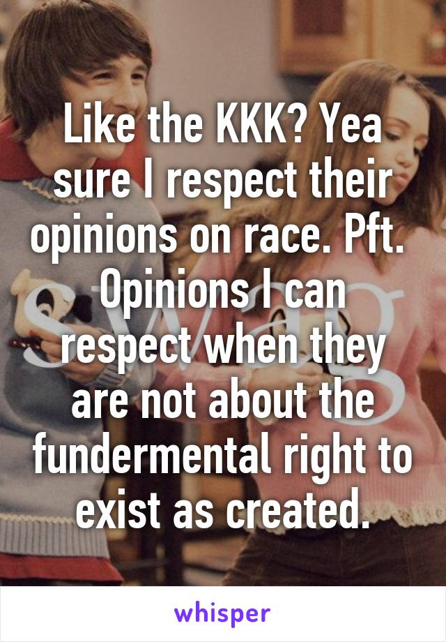 Like the KKK? Yea sure I respect their opinions on race. Pft. 
Opinions I can respect when they are not about the fundermental right to exist as created.