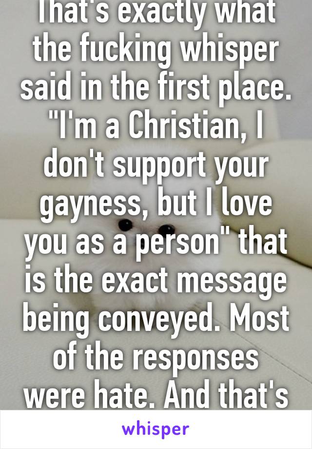 That's exactly what the fucking whisper said in the first place. "I'm a Christian, I don't support your gayness, but I love you as a person" that is the exact message being conveyed. Most of the responses were hate. And that's not right. 