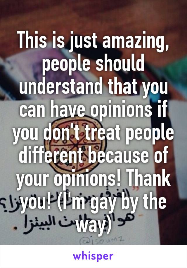 This is just amazing, people should understand that you can have opinions if you don't treat people different because of your opinions! Thank you! (I'm gay by the way)