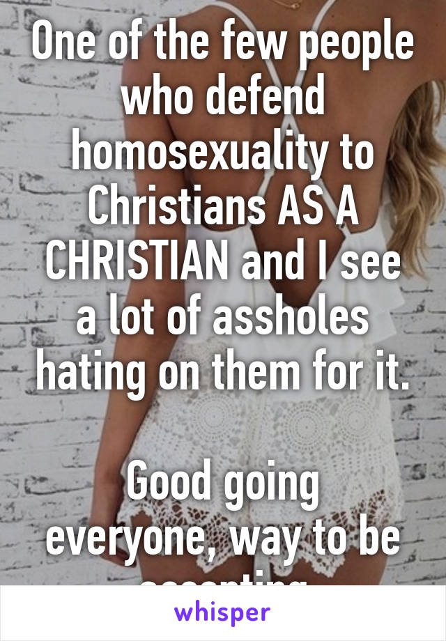 One of the few people who defend homosexuality to Christians AS A CHRISTIAN and I see a lot of assholes hating on them for it.

Good going everyone, way to be accepting