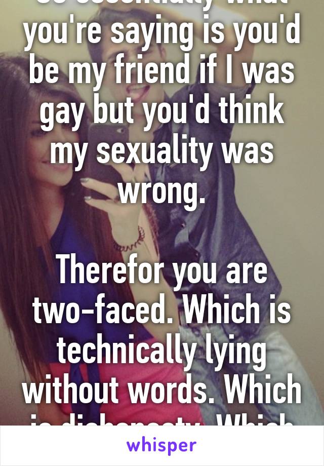 So essentially what you're saying is you'd be my friend if I was gay but you'd think my sexuality was wrong.

Therefor you are two-faced. Which is technically lying without words. Which is dishonesty. Which is a sin.