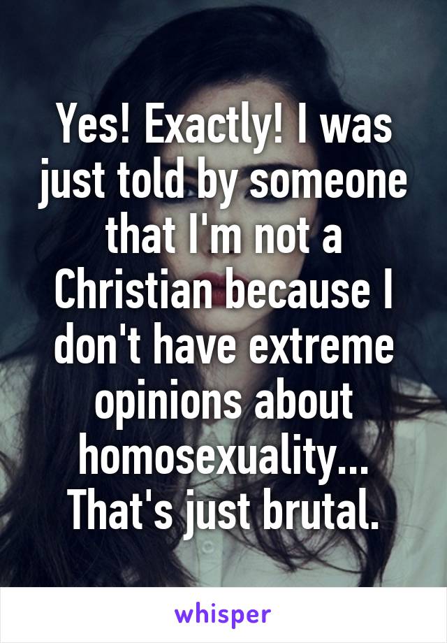 Yes! Exactly! I was just told by someone that I'm not a Christian because I don't have extreme opinions about homosexuality... That's just brutal.