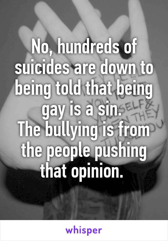 No, hundreds of suicides are down to being told that being gay is a sin. 
The bullying is from the people pushing that opinion. 
