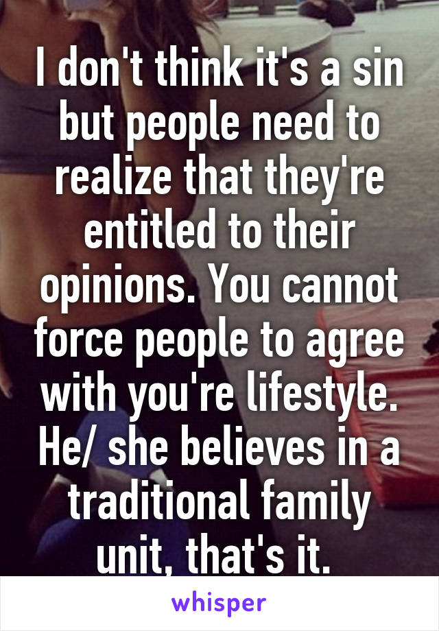 I don't think it's a sin but people need to realize that they're entitled to their opinions. You cannot force people to agree with you're lifestyle. He/ she believes in a traditional family unit, that's it. 