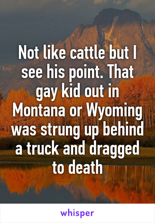 Not like cattle but I see his point. That gay kid out in Montana or Wyoming was strung up behind a truck and dragged to death