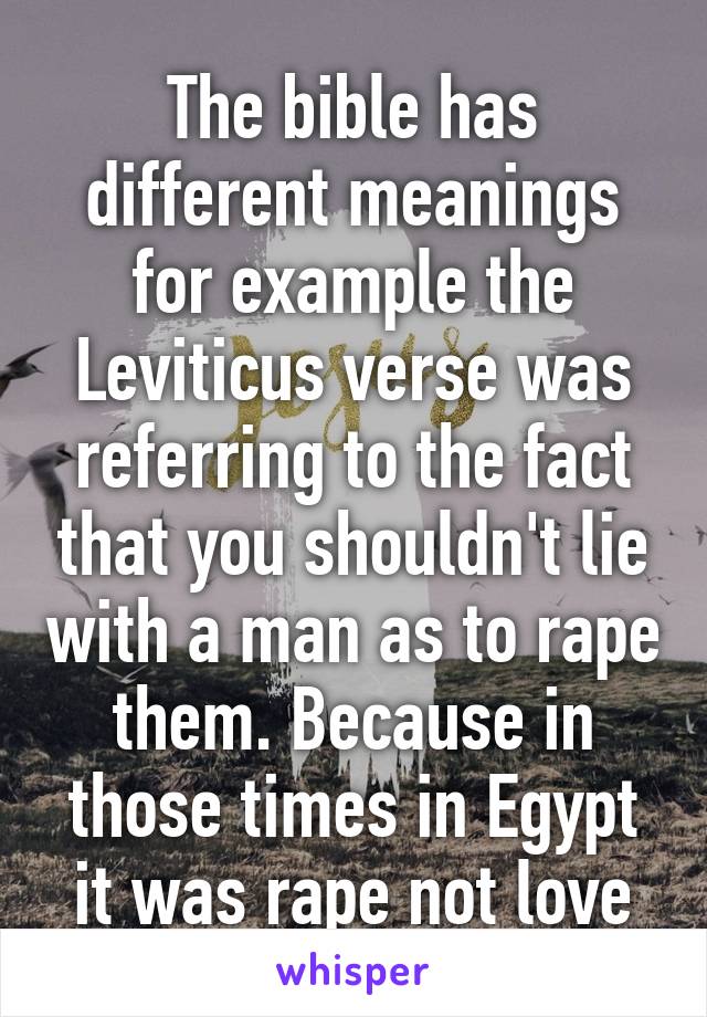 The bible has different meanings for example the Leviticus verse was referring to the fact that you shouldn't lie with a man as to rape them. Because in those times in Egypt it was rape not love