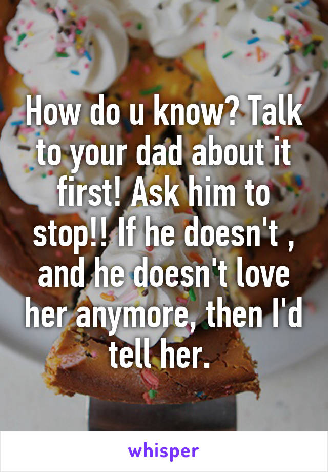 How do u know? Talk to your dad about it first! Ask him to stop!! If he doesn't , and he doesn't love her anymore, then I'd tell her. 