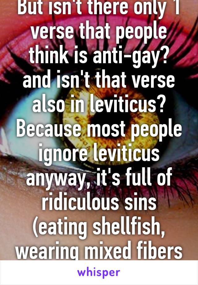 But isn't there only 1 verse that people think is anti-gay? and isn't that verse also in leviticus? Because most people ignore leviticus anyway, it's full of ridiculous sins (eating shellfish, wearing mixed fibers ect)