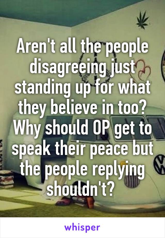 Aren't all the people disagreeing just standing up for what they believe in too? Why should OP get to speak their peace but the people replying shouldn't? 