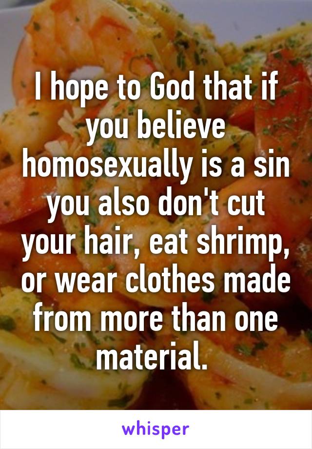 I hope to God that if you believe homosexually is a sin you also don't cut your hair, eat shrimp, or wear clothes made from more than one material. 