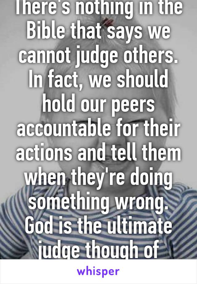 There's nothing in the Bible that says we cannot judge others. In fact, we should hold our peers accountable for their actions and tell them when they're doing something wrong. God is the ultimate judge though of course