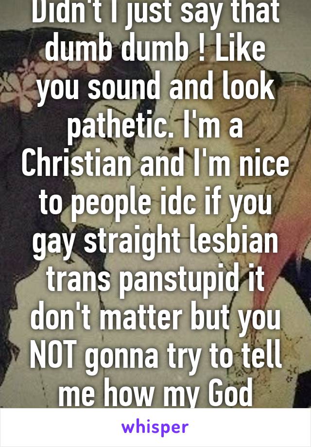 Didn't I just say that dumb dumb ! Like you sound and look pathetic. I'm a Christian and I'm nice to people idc if you gay straight lesbian trans panstupid it don't matter but you NOT gonna try to tell me how my God works