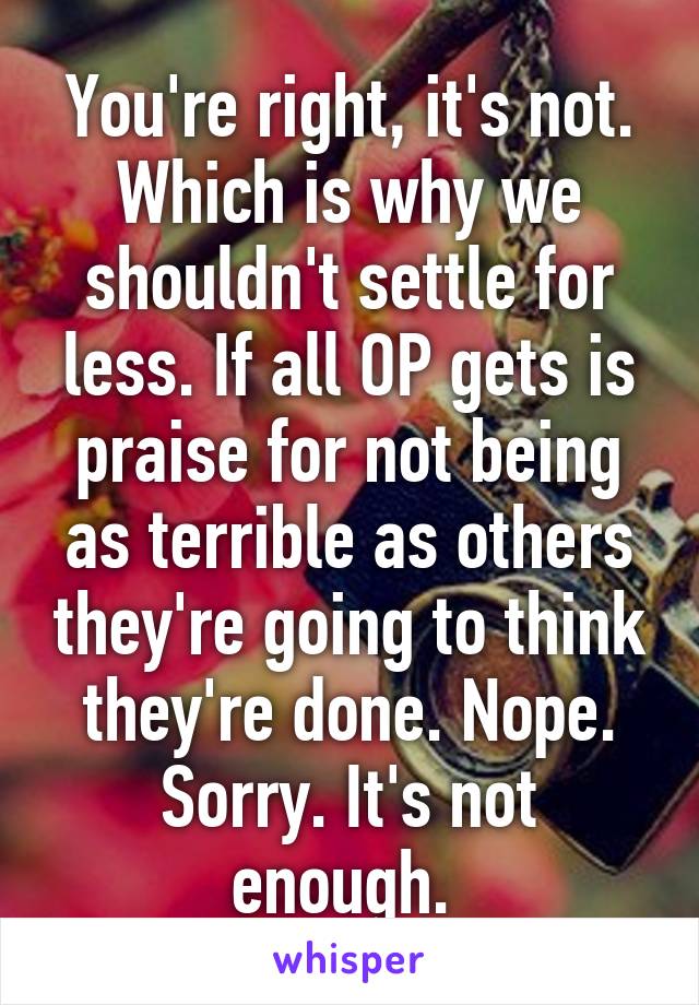 You're right, it's not. Which is why we shouldn't settle for less. If all OP gets is praise for not being as terrible as others they're going to think they're done. Nope. Sorry. It's not enough. 