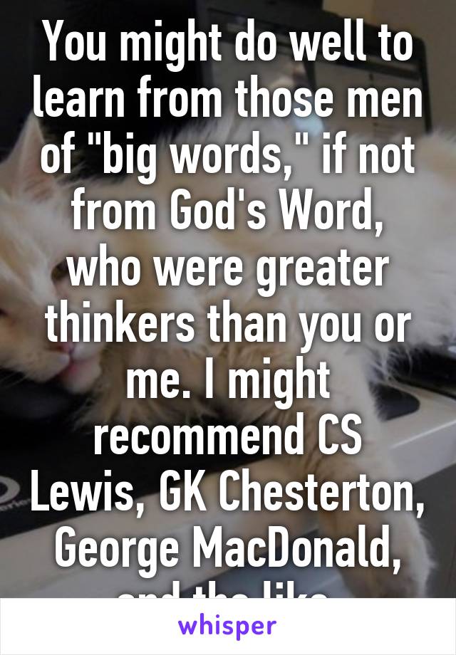 You might do well to learn from those men of "big words," if not from God's Word, who were greater thinkers than you or me. I might recommend CS Lewis, GK Chesterton, George MacDonald, and the like.