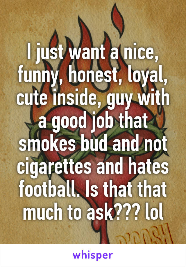 I just want a nice, funny, honest, loyal, cute inside, guy with a good job that smokes bud and not cigarettes and hates football. Is that that much to ask??? lol