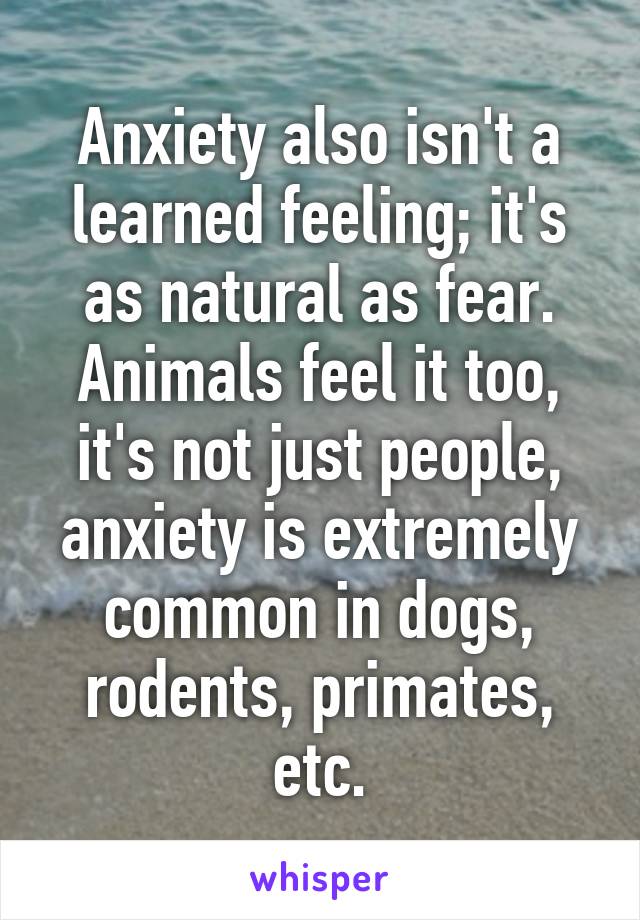 Anxiety also isn't a learned feeling; it's as natural as fear. Animals feel it too, it's not just people, anxiety is extremely common in dogs, rodents, primates, etc.