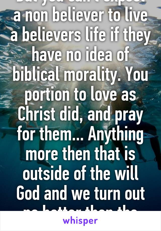 But you can't expect a non believer to live a believers life if they have no idea of biblical morality. You portion to love as Christ did, and pray for them... Anything more then that is outside of the will God and we turn out no better then the lost