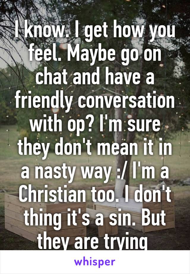 I know. I get how you feel. Maybe go on chat and have a friendly conversation with op? I'm sure they don't mean it in a nasty way :/ I'm a Christian too. I don't thing it's a sin. But they are trying 