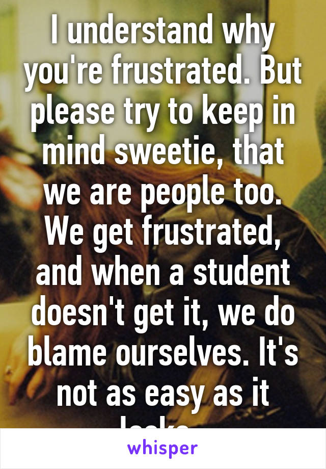 I understand why you're frustrated. But please try to keep in mind sweetie, that we are people too. We get frustrated, and when a student doesn't get it, we do blame ourselves. It's not as easy as it looks. 
