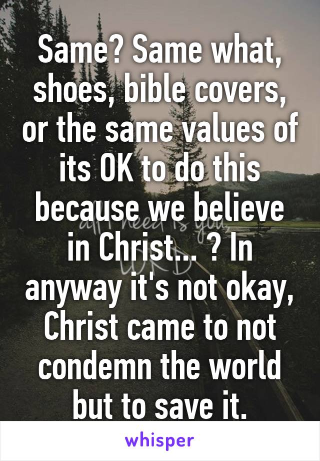 Same? Same what, shoes, bible covers, or the same values of its OK to do this because we believe in Christ... ? In anyway it's not okay, Christ came to not condemn the world but to save it.