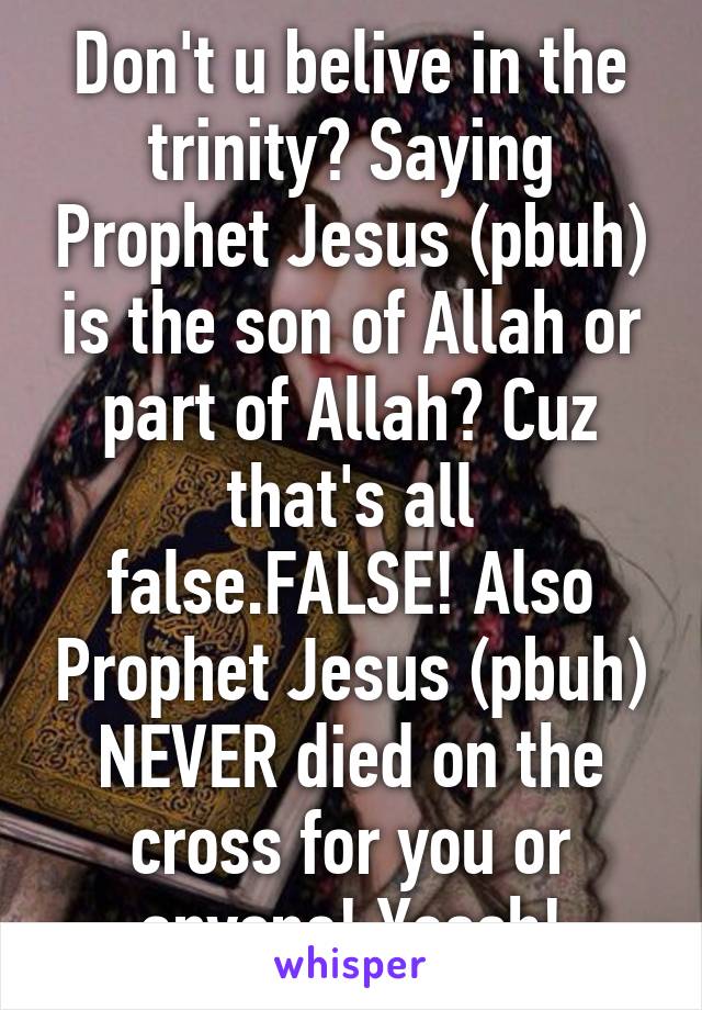 Don't u belive in the trinity? Saying Prophet Jesus (pbuh) is the son of Allah or part of Allah? Cuz that's all false.FALSE! Also Prophet Jesus (pbuh) NEVER died on the cross for you or anyone! Yessh!