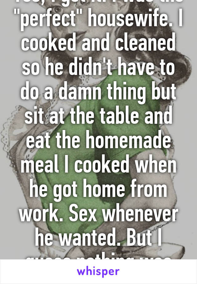 Yes, I get it. I was the "perfect" housewife. I cooked and cleaned so he didn't have to do a damn thing but sit at the table and eat the homemade meal I cooked when he got home from work. Sex whenever he wanted. But I guess nothing was enough for him.
