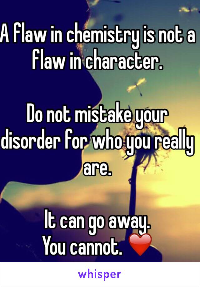 A flaw in chemistry is not a flaw in character. 

Do not mistake your disorder for who you really are. 

It can go away.
You cannot. ❤️
