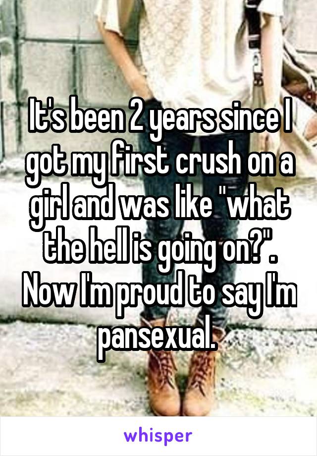 It's been 2 years since I got my first crush on a girl and was like "what the hell is going on?". Now I'm proud to say I'm pansexual. 