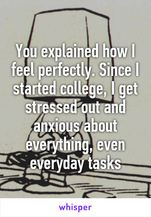 You explained how I feel perfectly. Since I started college, I get stressed out and anxious about everything, even everyday tasks