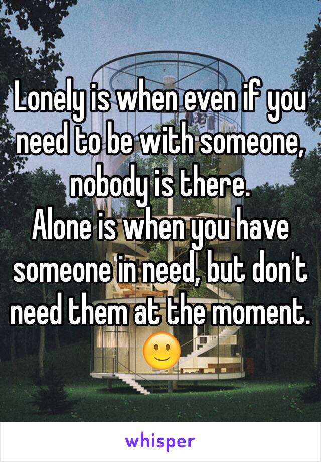Lonely is when even if you need to be with someone, nobody is there.
Alone is when you have someone in need, but don't need them at the moment. 🙂