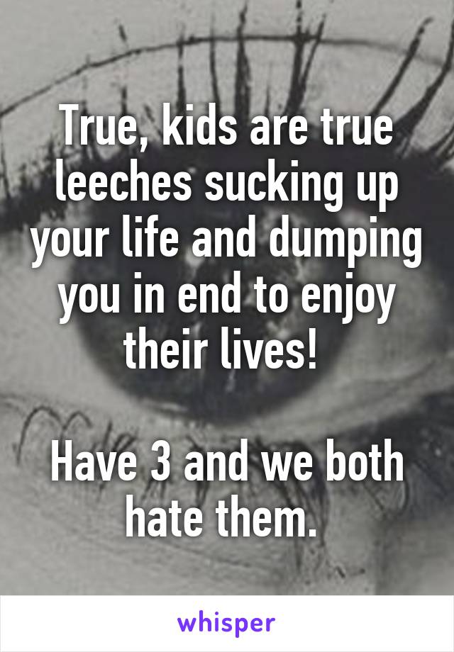 True, kids are true leeches sucking up your life and dumping you in end to enjoy their lives! 

Have 3 and we both hate them. 