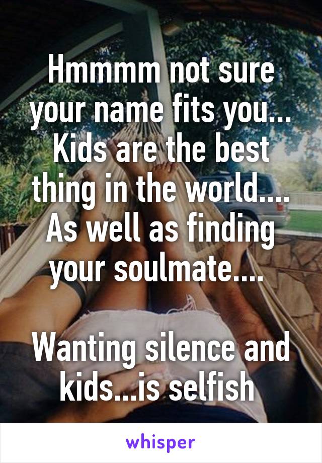 Hmmmm not sure your name fits you... Kids are the best thing in the world.... As well as finding your soulmate.... 

Wanting silence and kids...is selfish 