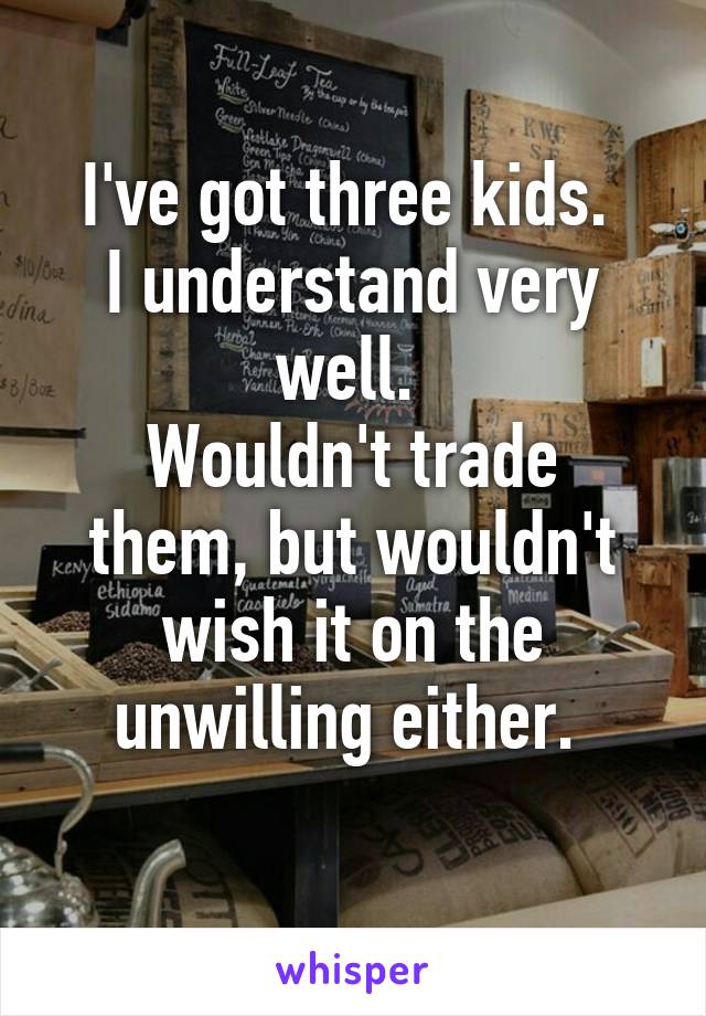 I've got three kids. 
I understand very well. 
Wouldn't trade them, but wouldn't wish it on the unwilling either. 
