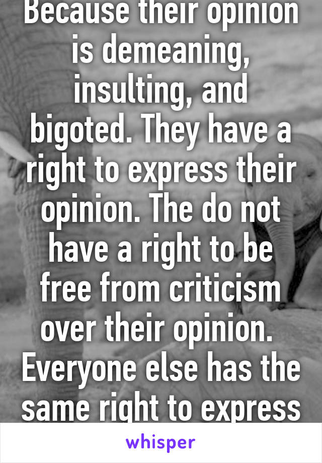 Because their opinion is demeaning, insulting, and bigoted. They have a right to express their opinion. The do not have a right to be free from criticism over their opinion.  Everyone else has the same right to express what they think. 