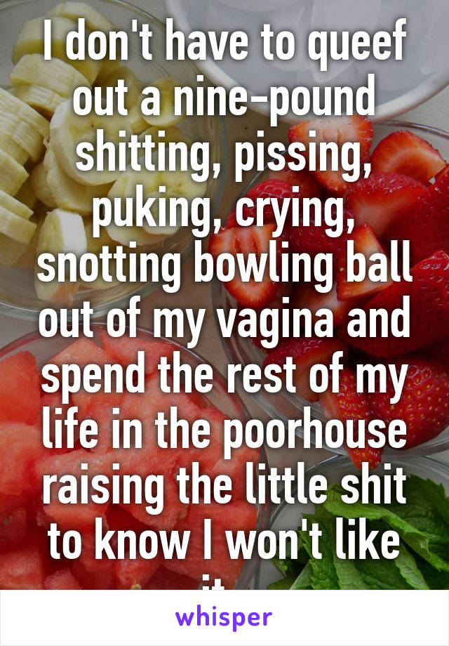 I don't have to queef out a nine-pound shitting, pissing, puking, crying, snotting bowling ball out of my vagina and spend the rest of my life in the poorhouse raising the little shit to know I won't like it. 