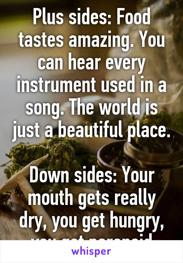 Plus sides: Food tastes amazing. You can hear every instrument used in a song. The world is just a beautiful place.

Down sides: Your mouth gets really dry, you get hungry, you get paranoid