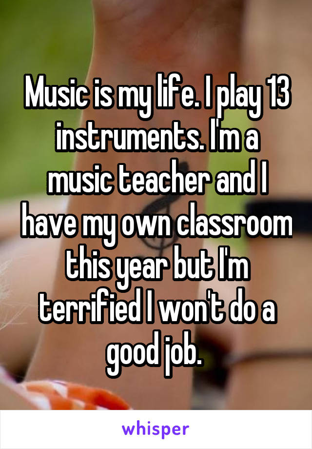 Music is my life. I play 13 instruments. I'm a music teacher and I have my own classroom this year but I'm terrified I won't do a good job. 