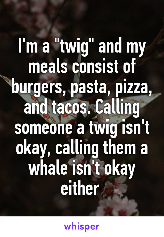 I'm a "twig" and my meals consist of burgers, pasta, pizza, and tacos. Calling someone a twig isn't okay, calling them a whale isn't okay either 