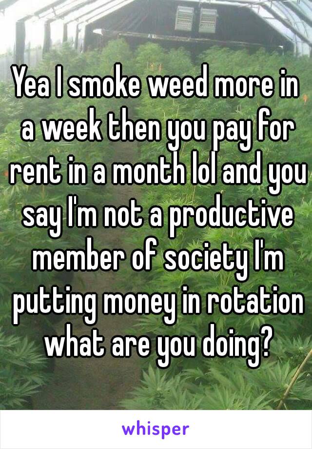 Yea I smoke weed more in a week then you pay for rent in a month lol and you say I'm not a productive member of society I'm putting money in rotation what are you doing?