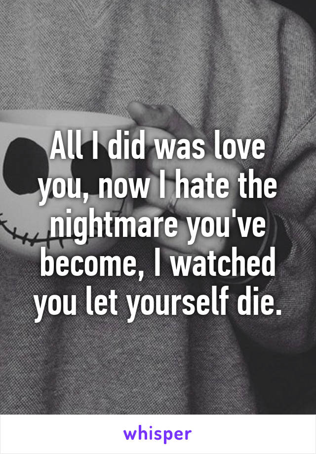 All I did was love you, now I hate the nightmare you've become, I watched you let yourself die.