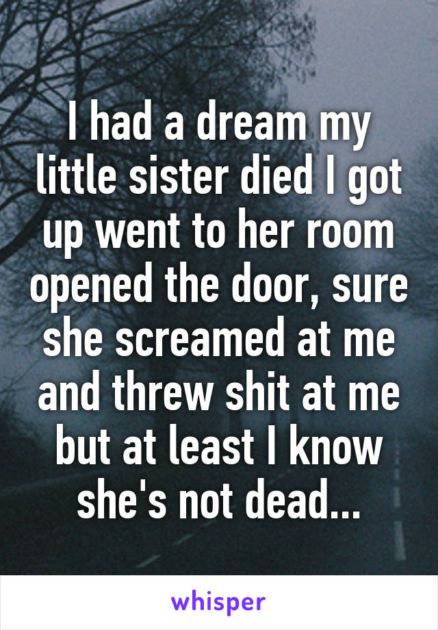 I had a dream my little sister died I got up went to her room opened the door, sure she screamed at me and threw shit at me but at least I know she's not dead...