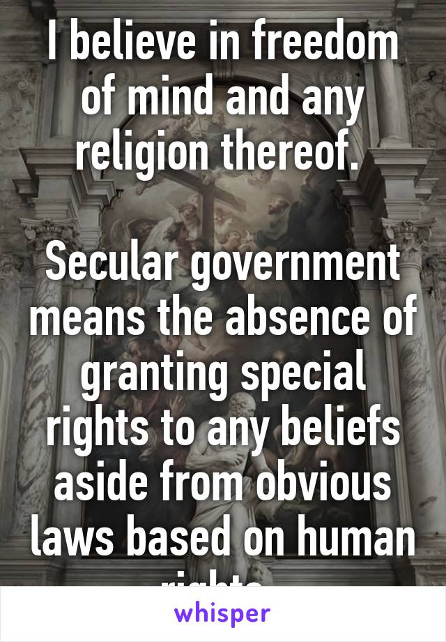 I believe in freedom of mind and any religion thereof. 

Secular government means the absence of granting special rights to any beliefs aside from obvious laws based on human rights. 